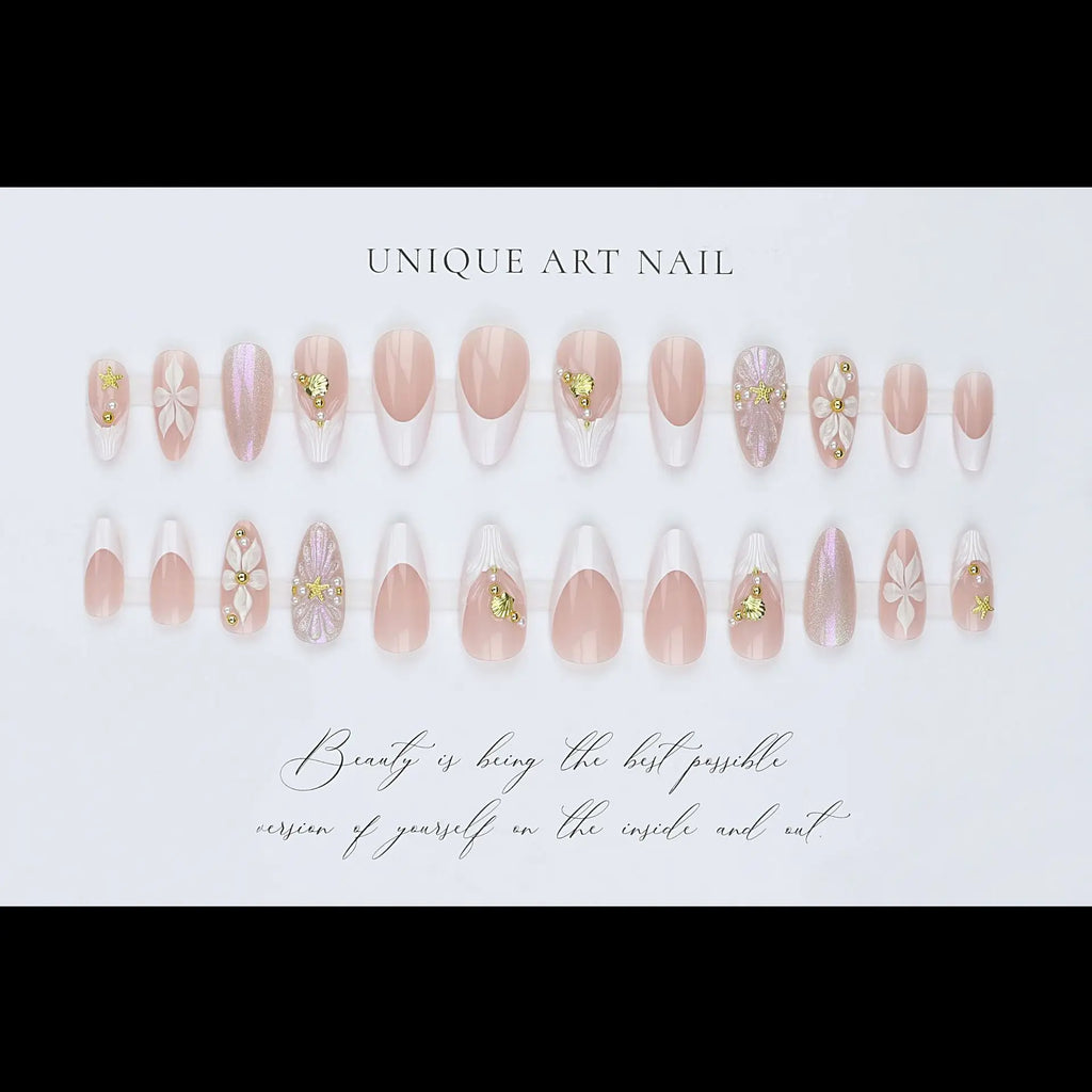 24pcs Simple French White Edge Press On Nails with 3D Flowers & Golden Stars, Removable Full Cover False Nail Tips for Daily Dating, Shopping & Casual Party, Elegant Trendy Manicure for Young Girls and Fashion Women