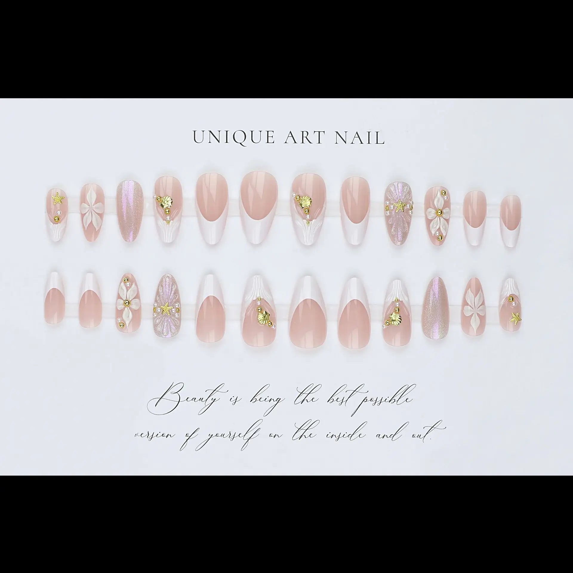 24pcs Simple French White Edge Press On Nails with 3D Flowers & Golden Stars, Removable Full Cover False Nail Tips for Daily Dating, Shopping & Casual Party, Elegant Trendy Manicure for Young Girls and Fashion Women