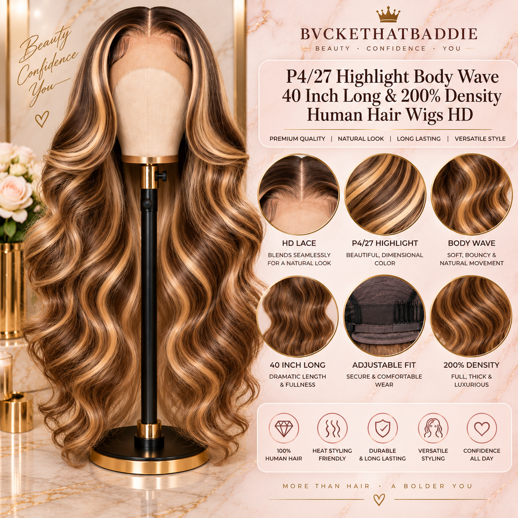 P4/27 Highlight Body Wave 40 Inch Long & 200% Density Human Hair Wigs HD