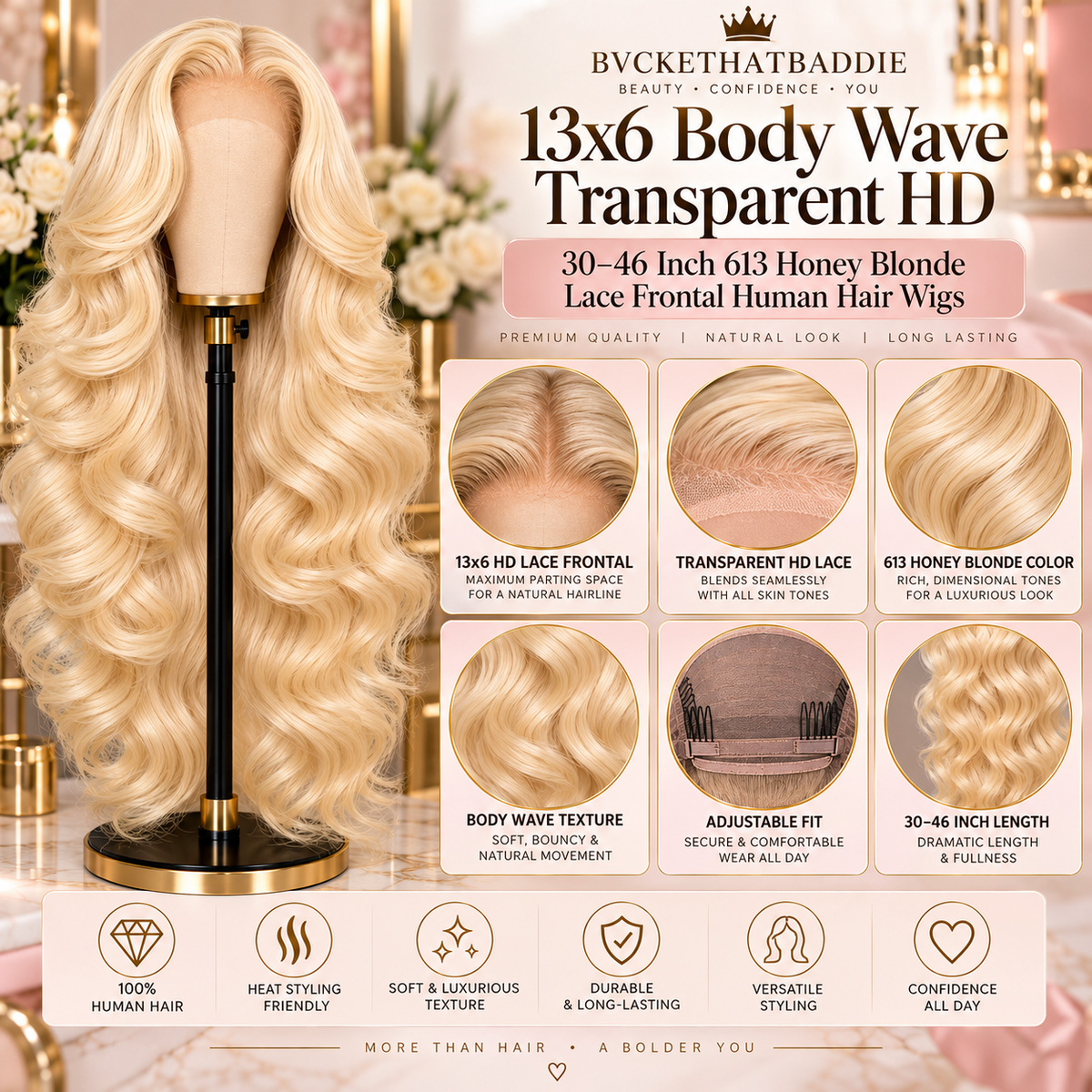 13x6 Body Wave Transparent HD 30 46 Inch 613 Honey Blonde Lace Frontal Human