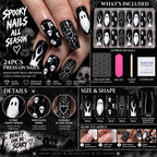 24pc Halloween Press On Nails, Black Coffin Ghost Skull Web