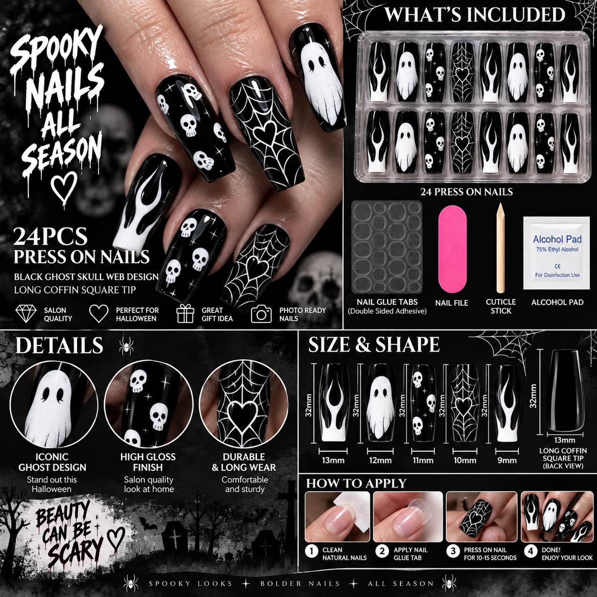 24pc Halloween Press On Nails, Black Coffin Ghost Skull Web