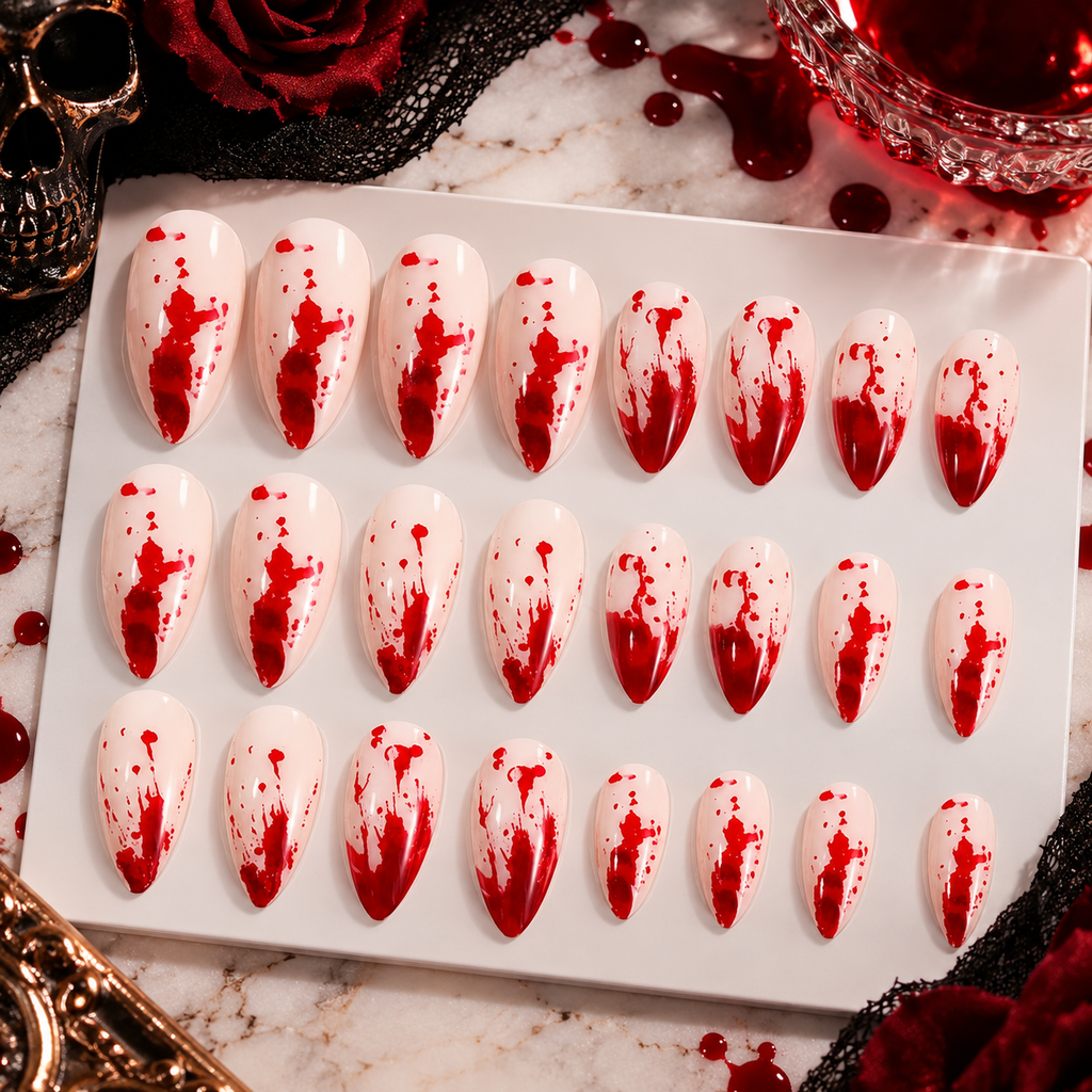 24pc Halloween Press On Nails, Red Blood Almond Full Cover