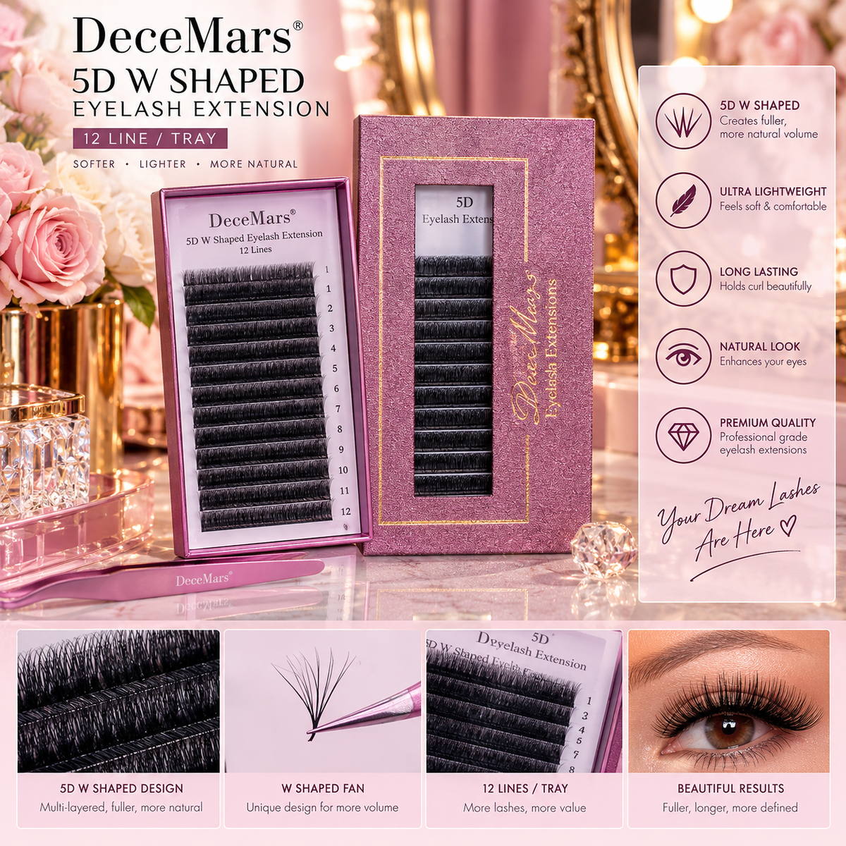DeceMars 5D W Shaped Eyelash Extension (12line/Tray)
