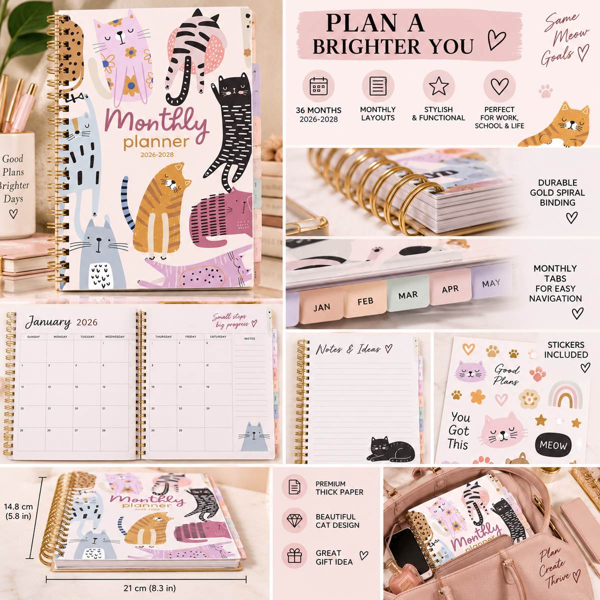 2026 2028 A5 Monthly Planner, Gold Spiral Cat Cover Organizer