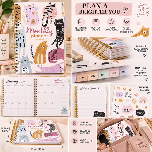 2026 2028 A5 Monthly Planner, Gold Spiral Cat Cover Organizer