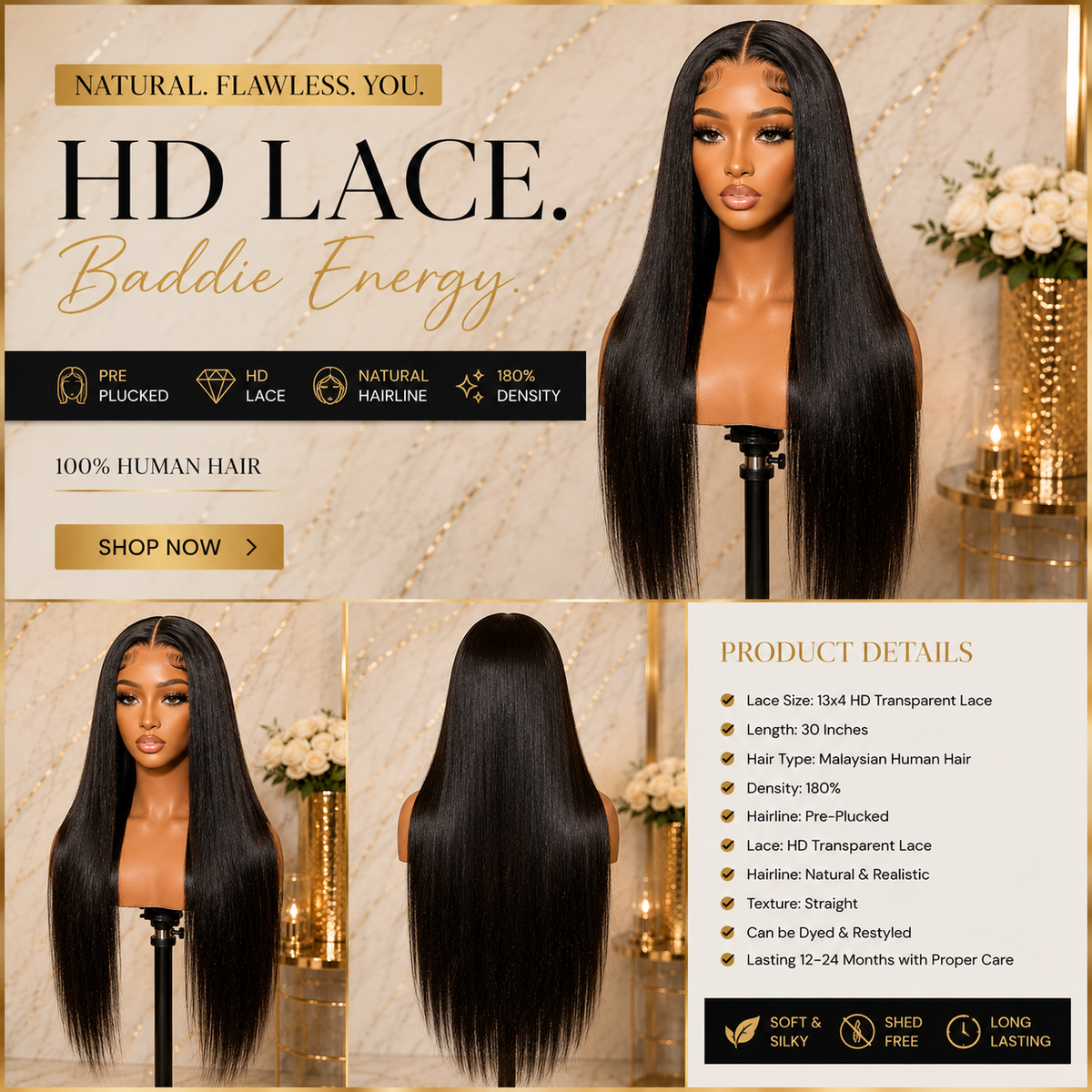 30" Glueless HD Lace Front Human Hair Wig 180% Density