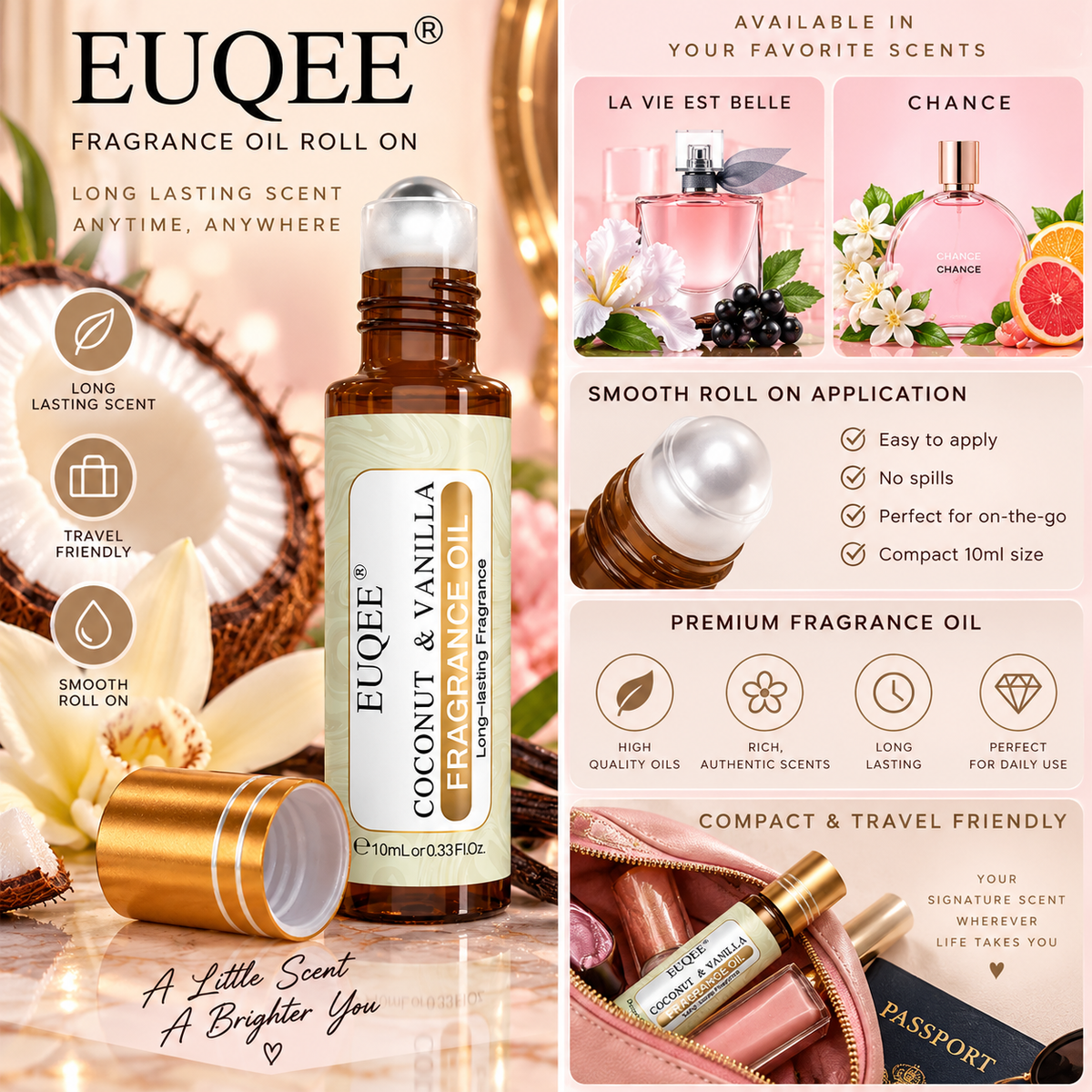 EUQEE 10ml Fragrance Oil Roll On Long Lasting Scent La Vie Est Belle CHANCE