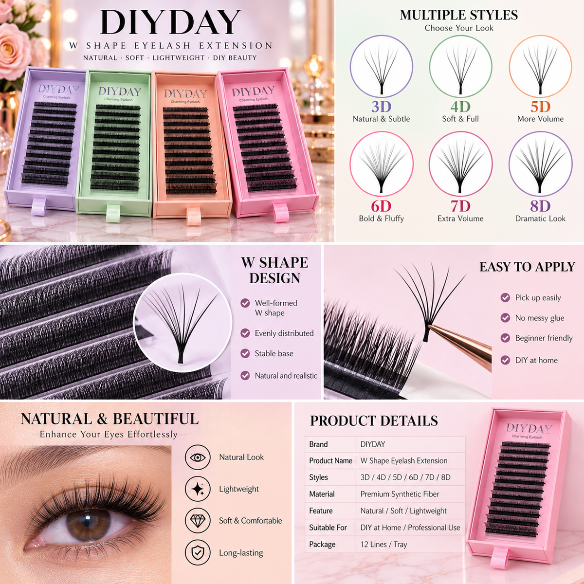 DIYDAY W Shape Eyelash Extension 3d 4d 5d 6d 7d 8d W Lashes Natural Soft