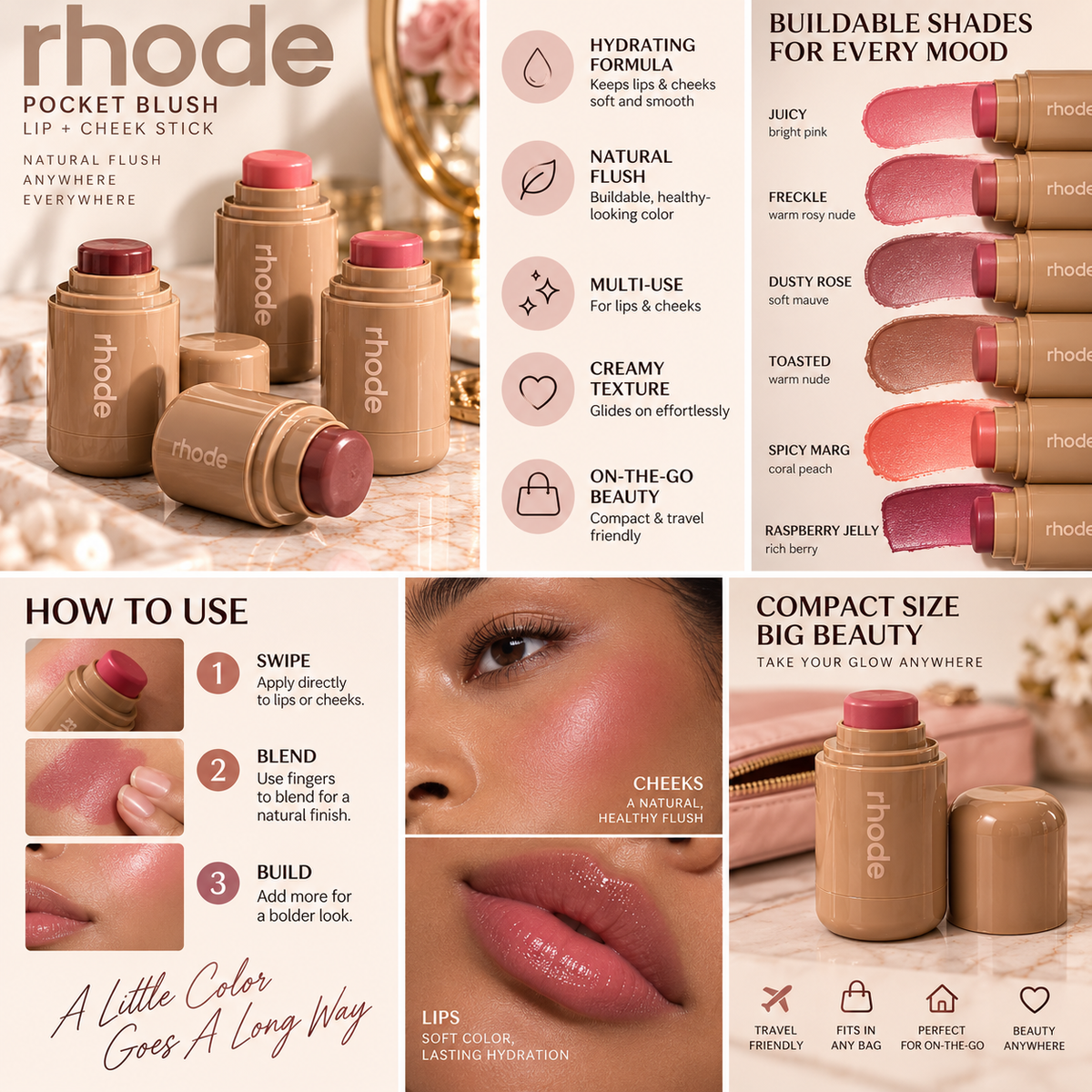 Rhod Pocket Blush LIP Stick Lip And Cheek Hydrating Stick Natural Blush