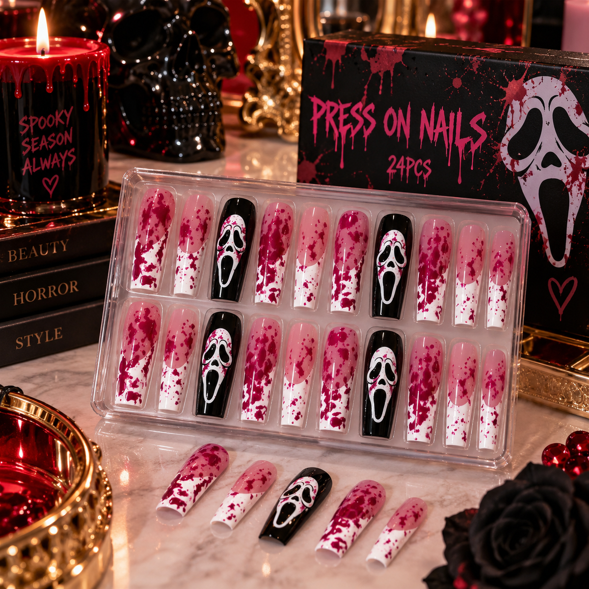 24pc Halloween Press On Nails, Long Coffin Ghost Face Design