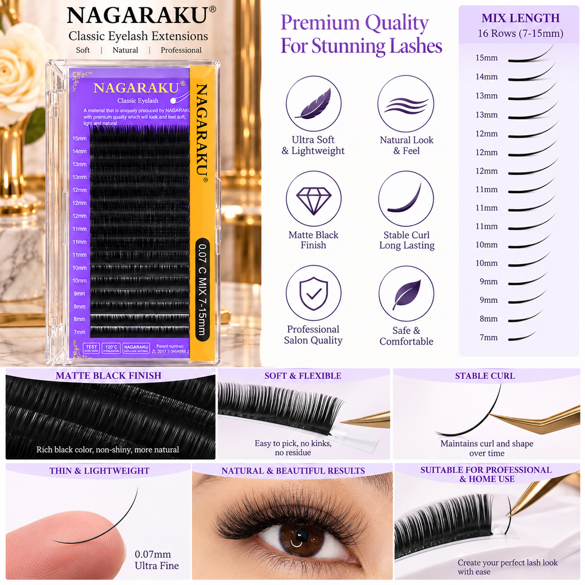 NAGARAKU 16Rows Classic Individual Lash Extensions Matte Black