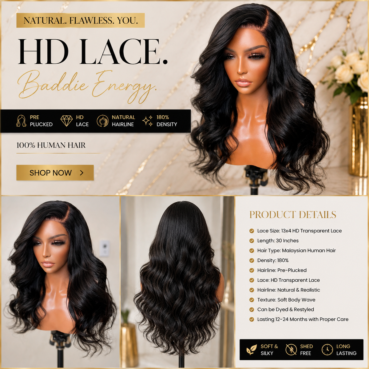 30" Malaysian HD Lace Front Human Hair Wig 180% Density