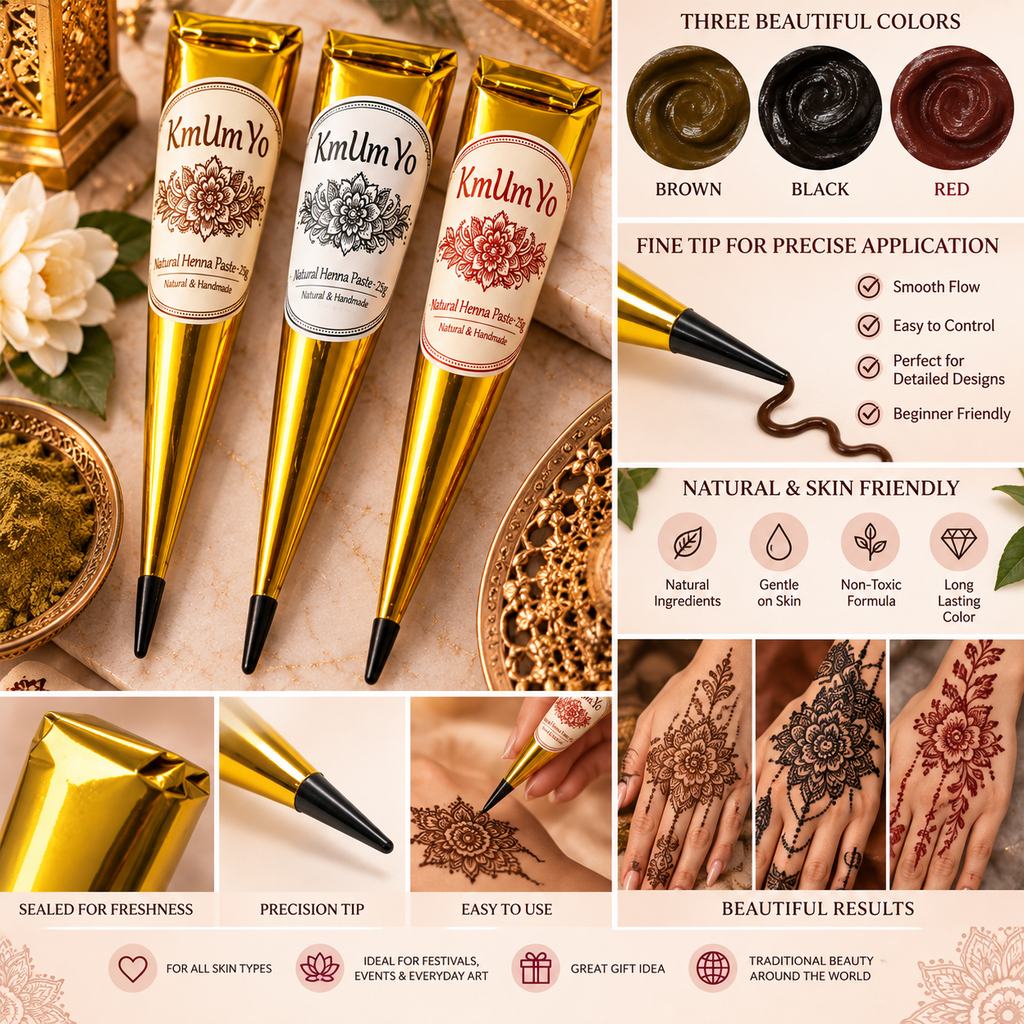 1/3PCS Henna Cone, Brown, Black, Red, Temporary Henna Tattoo, Semi Permanent