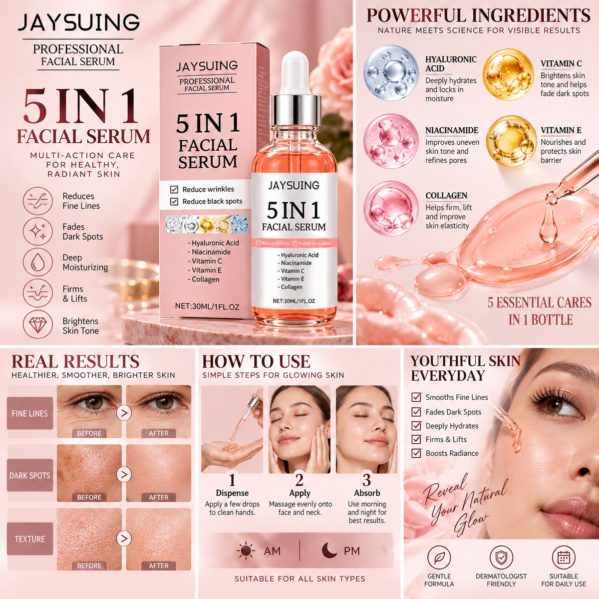 5-in-1 Fade Fine Lines Firming Face Serum Moisturizing Brightening Vitamin C
