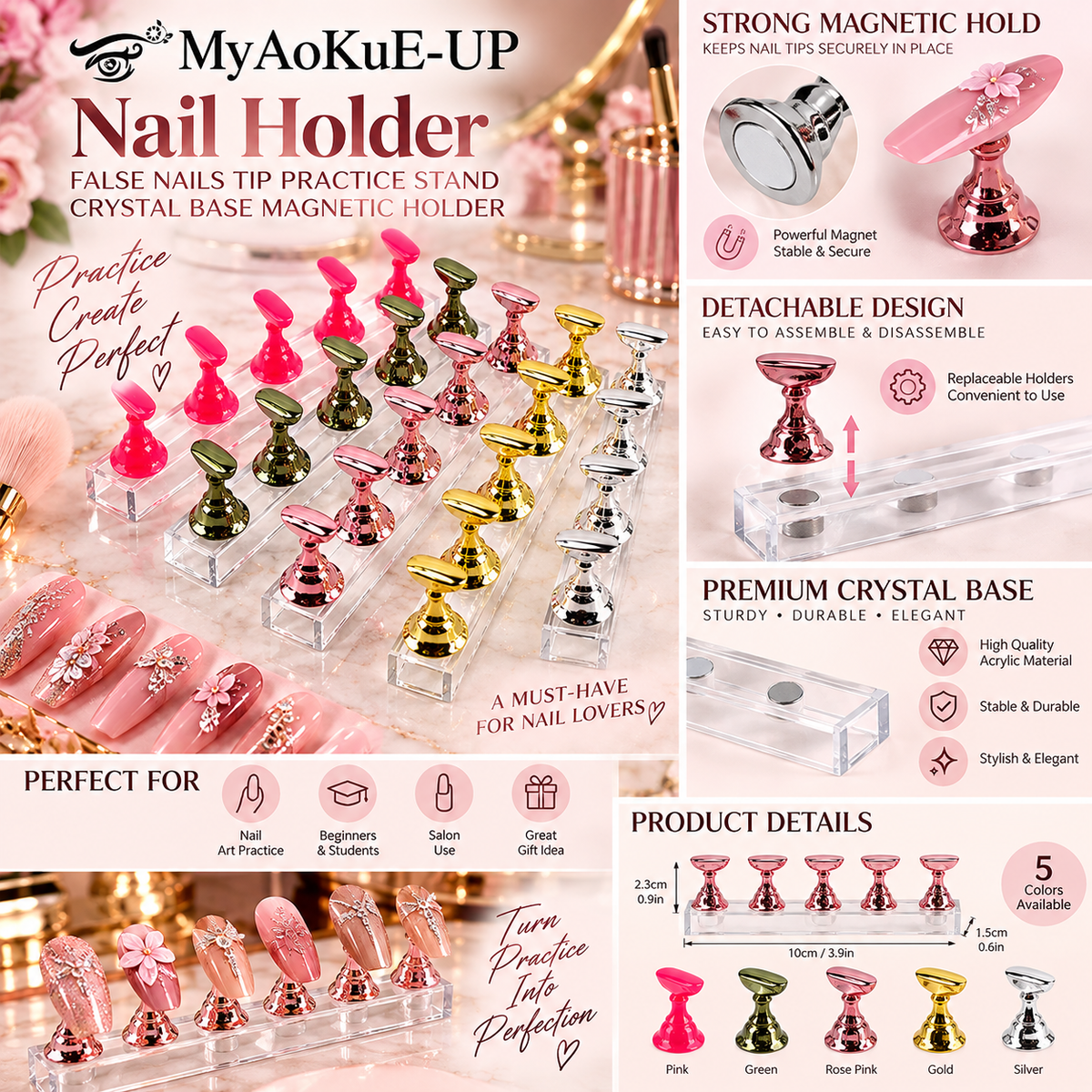 Nail Holder False Nails Tip Practice Stand Crystal Base Magnetic Holder Nail