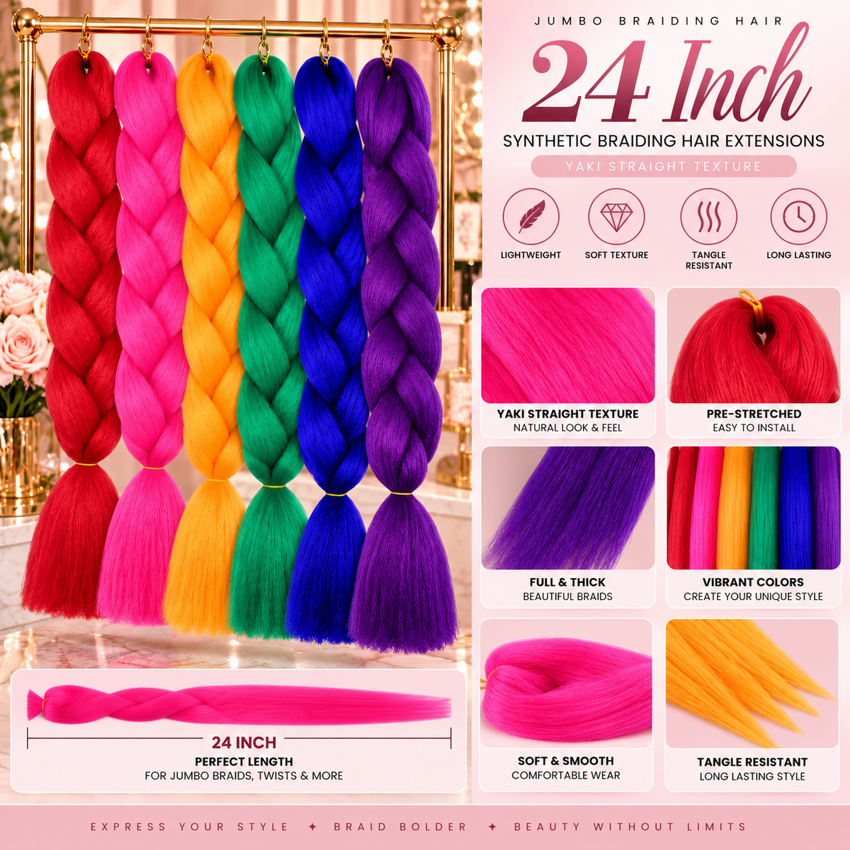 24Inch Synthetic Long Box Jumbo Braiding Hair Extensions Yaki Straight Texture