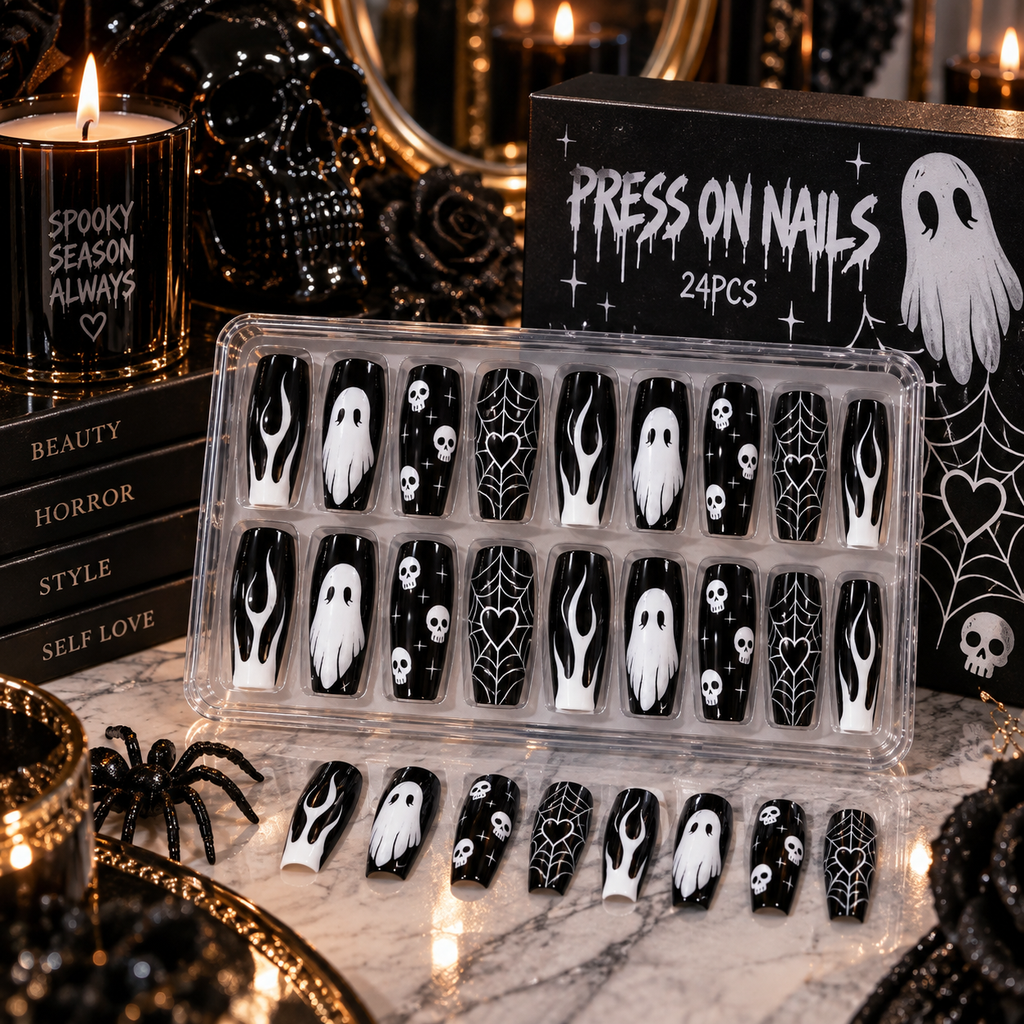 24pc Halloween Press On Nails, Black Coffin Ghost Skull Web