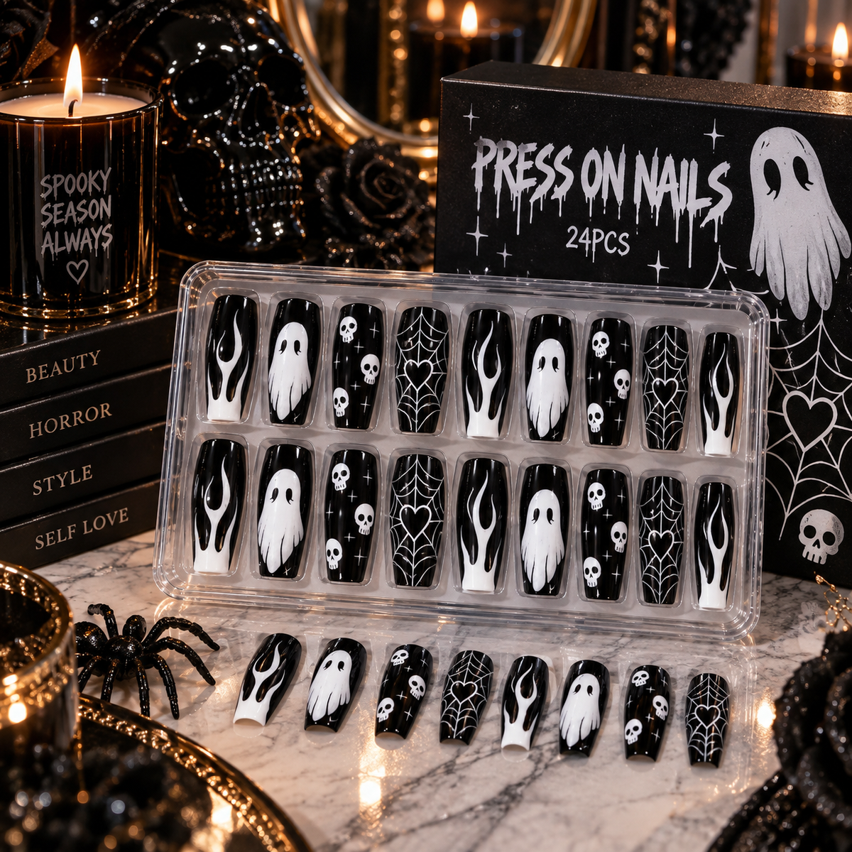 24pc Halloween Press On Nails, Black Coffin Ghost Skull Web