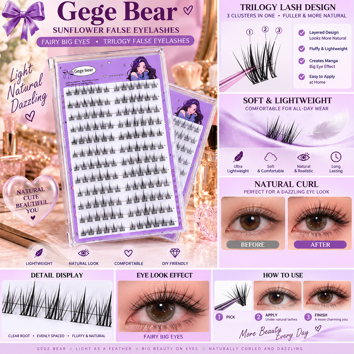 Gege Bear Sunflower False Eyelashes: Fairy Big Eyes, Trilogy False Eyelashes