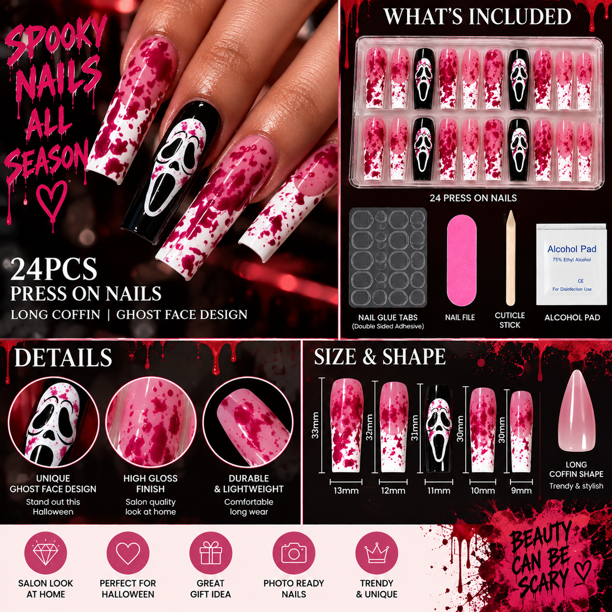 24pc Halloween Press On Nails, Long Coffin Ghost Face Design