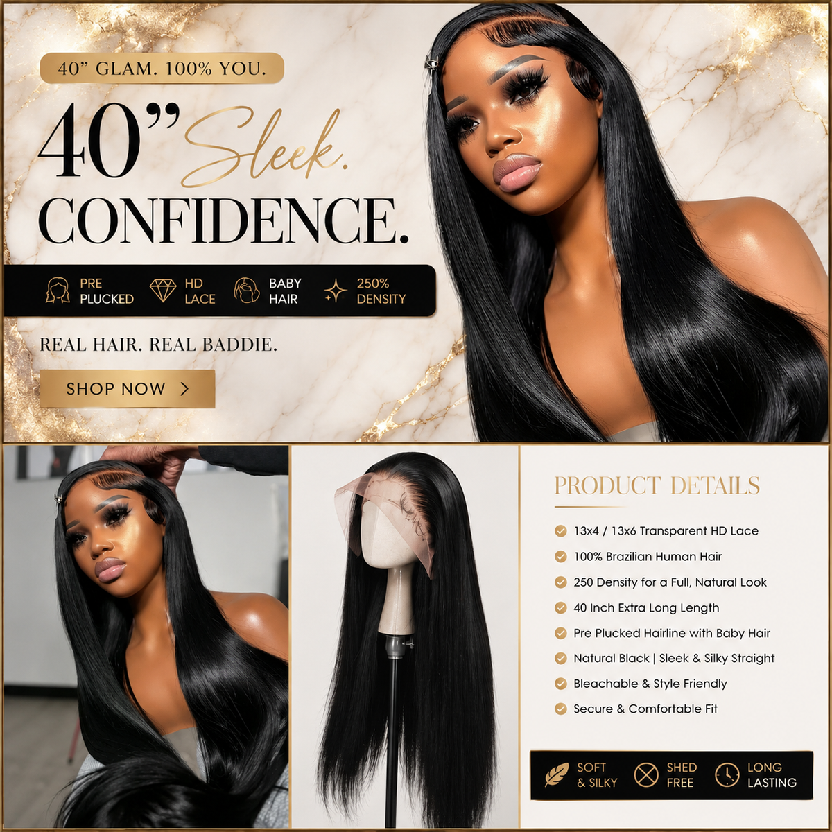 40" HD Lace Front Brazilian Human Hair Wig 250% Density