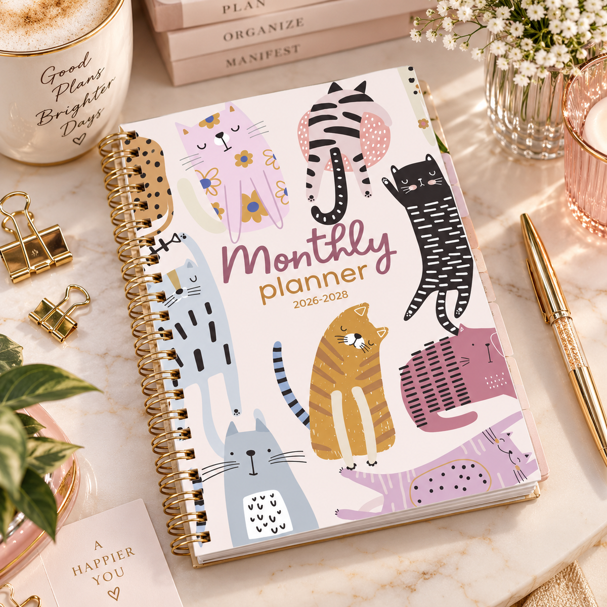 2026 2028 A5 Monthly Planner, Gold Spiral Cat Cover Organizer