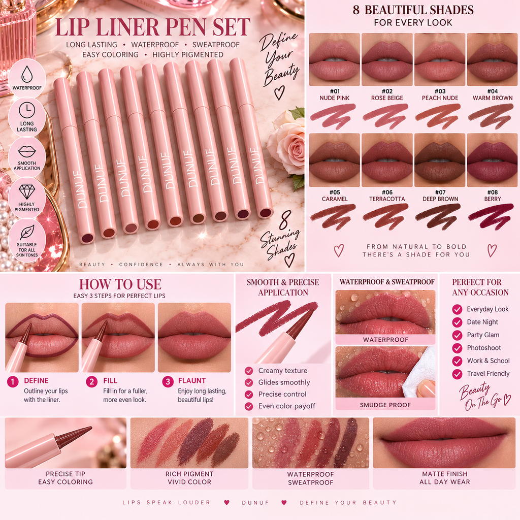 Lip Liner Pen Set Long Lasting, Waterproof Sweatproof, Easy Coloring