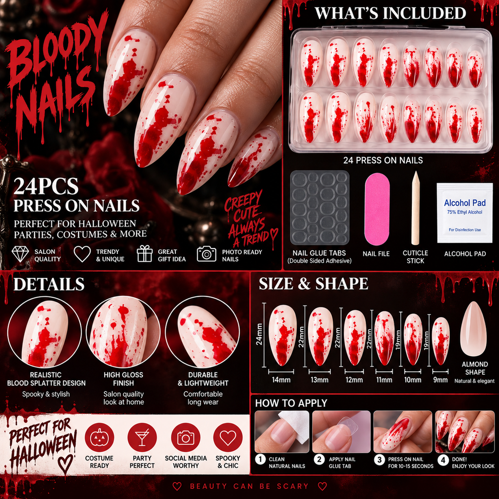 24pc Halloween Press On Nails, Red Blood Almond Full Cover