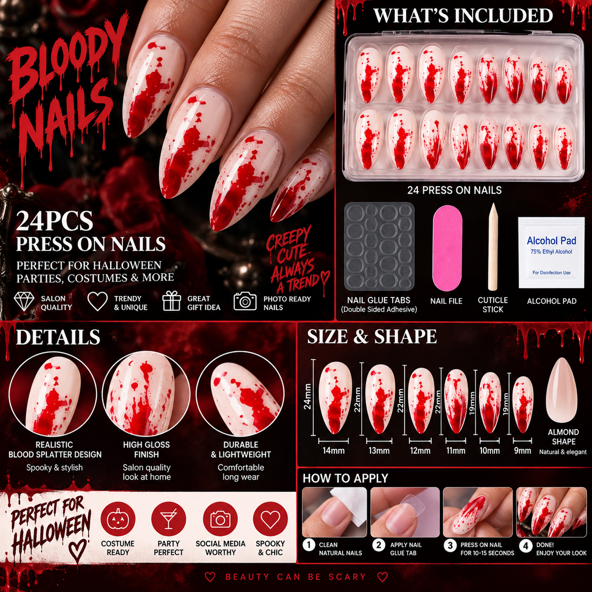 24pc Halloween Press On Nails, Red Blood Almond Full Cover