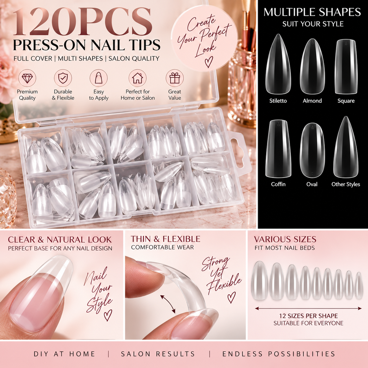 120PCS Full Cover Press-On Nail Tips Stiletto Almond Square Coffin French False