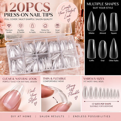 120PCS Full Cover Press-On Nail Tips Stiletto Almond Square Coffin French False