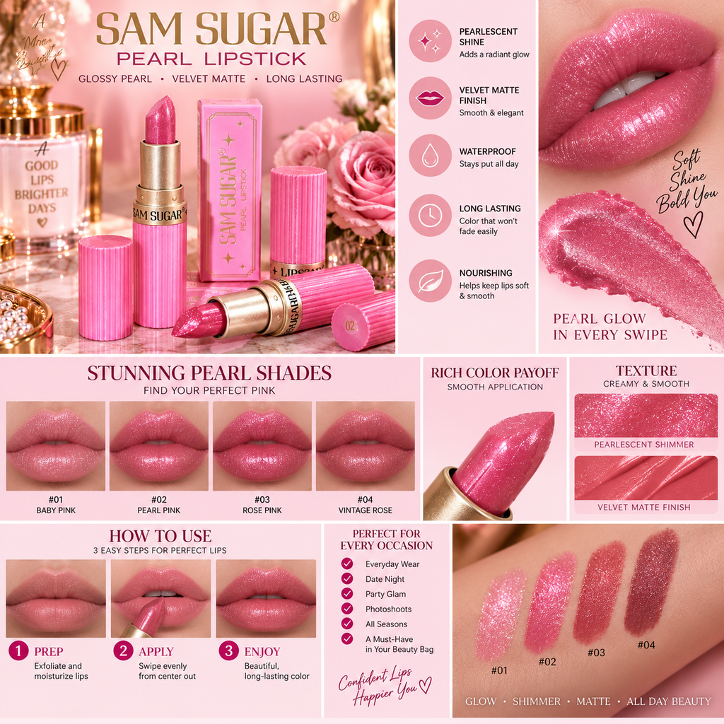 Pearlescent Pink Glitter Velvet Lipstick Metallic Waterproof Long Lasting Matte
